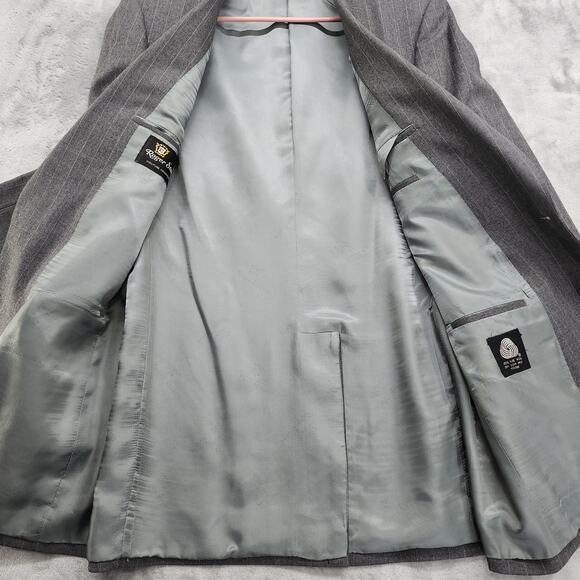 Vintage Roger Stuart Blazer Mens 42L Gray White Pin Stripe Wool Tweed Sport Coat - Picture 4 of 12